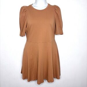English Factory Mini Dress Large Brown Short Puff Sleeves Minimalist Office